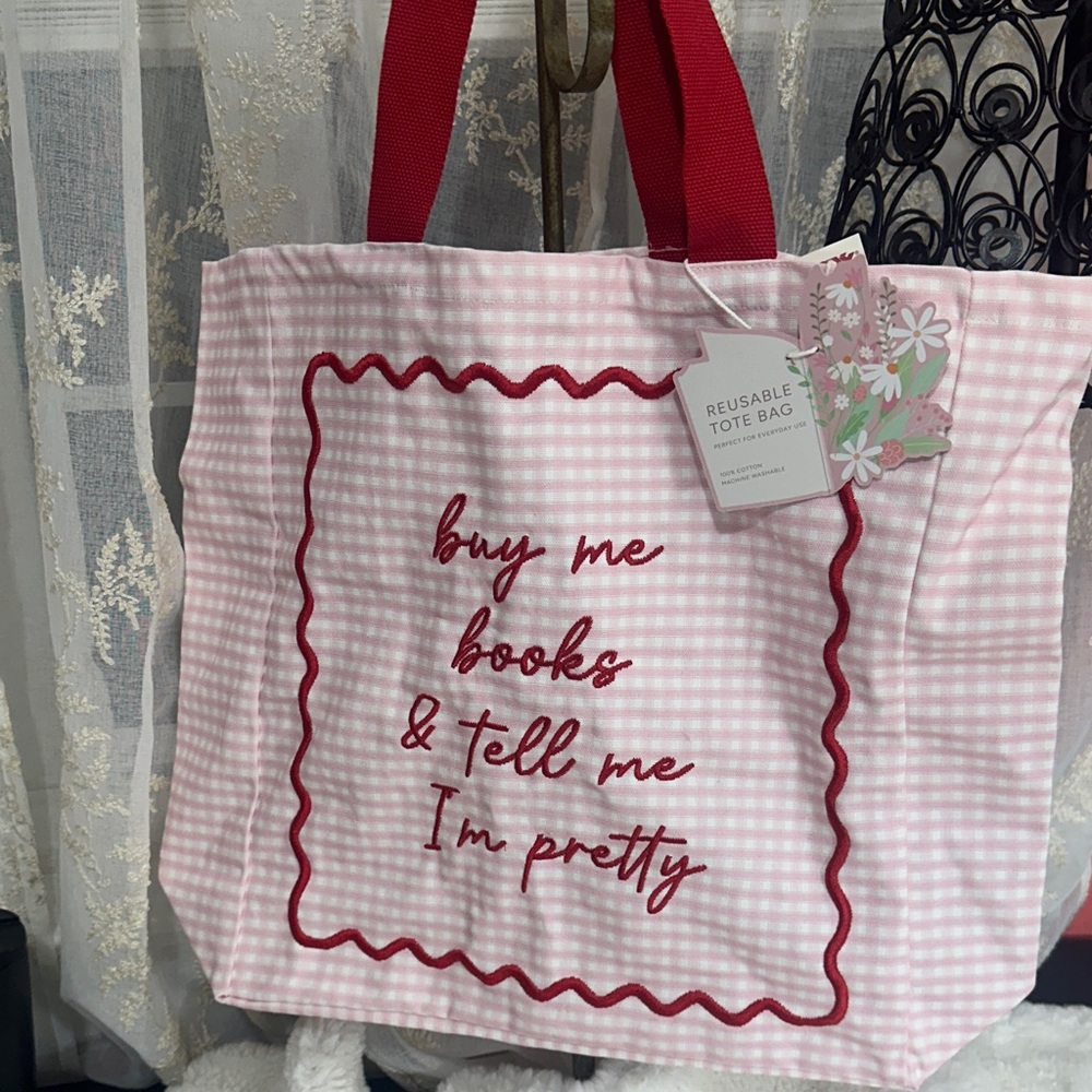 Lady Delaney Pink and red “‘buy me books & tell me I’m pretty canvas tote bag